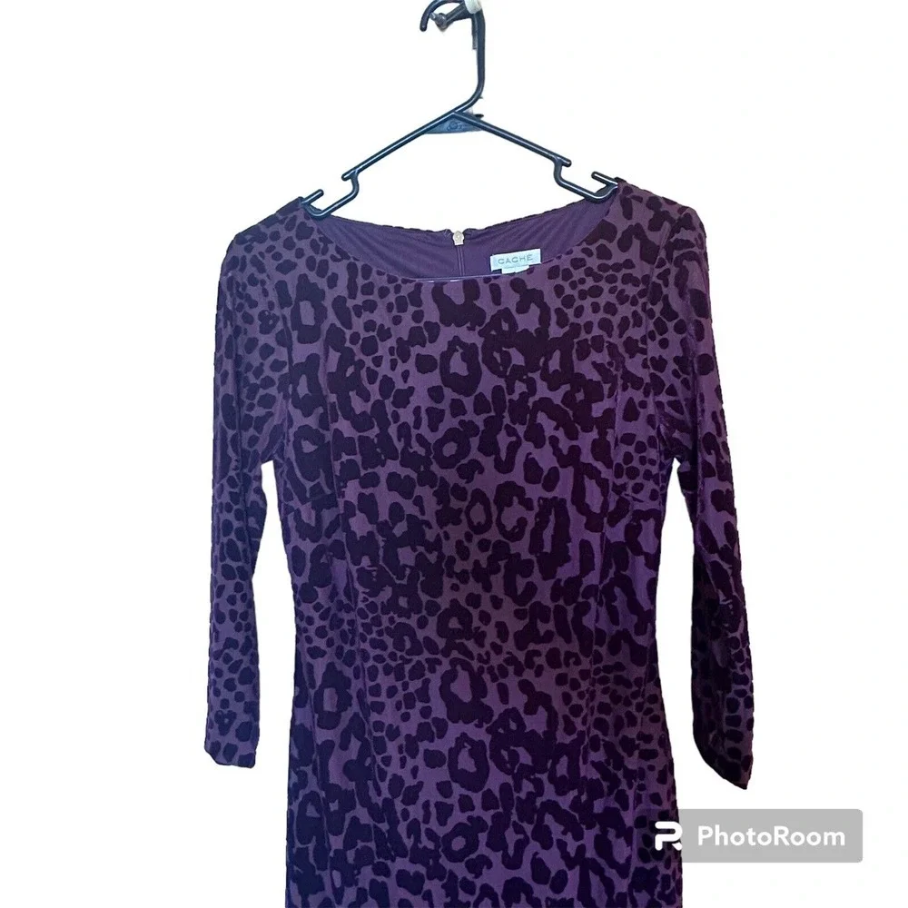 Cache Purple Leopard Y2K Velvet Bodycon Cocktail Dress 3/4 Mesh Sleeve Size 6 - Picture 3 of 16